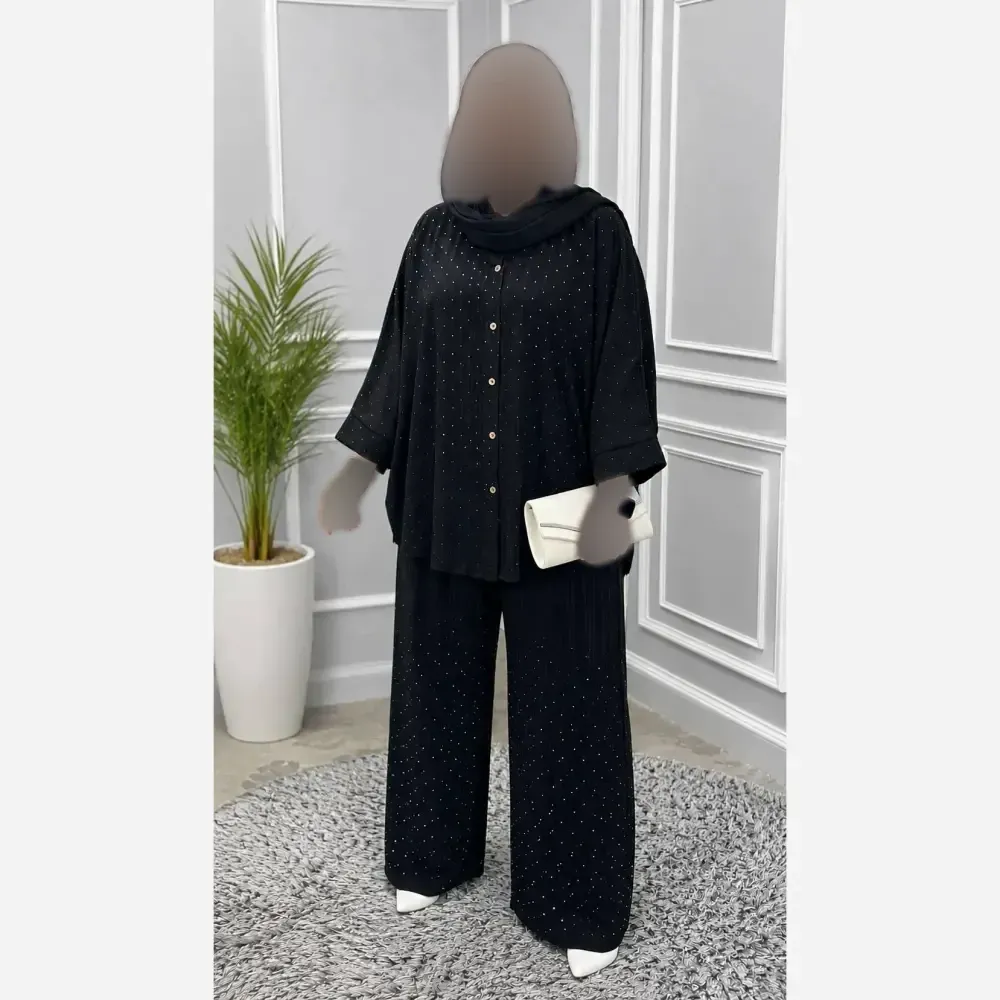 ست شومیز شلوار نگینی زنانه مدل دیبا جنس ژاکارد رنگ مشکی سایز 38 تا 48