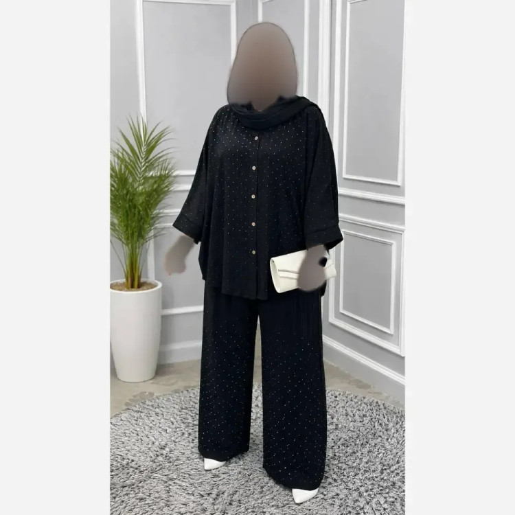 ست شومیز شلوار نگینی زنانه مدل دیبا جنس ژاکارد رنگ مشکی سایز 38 تا 48