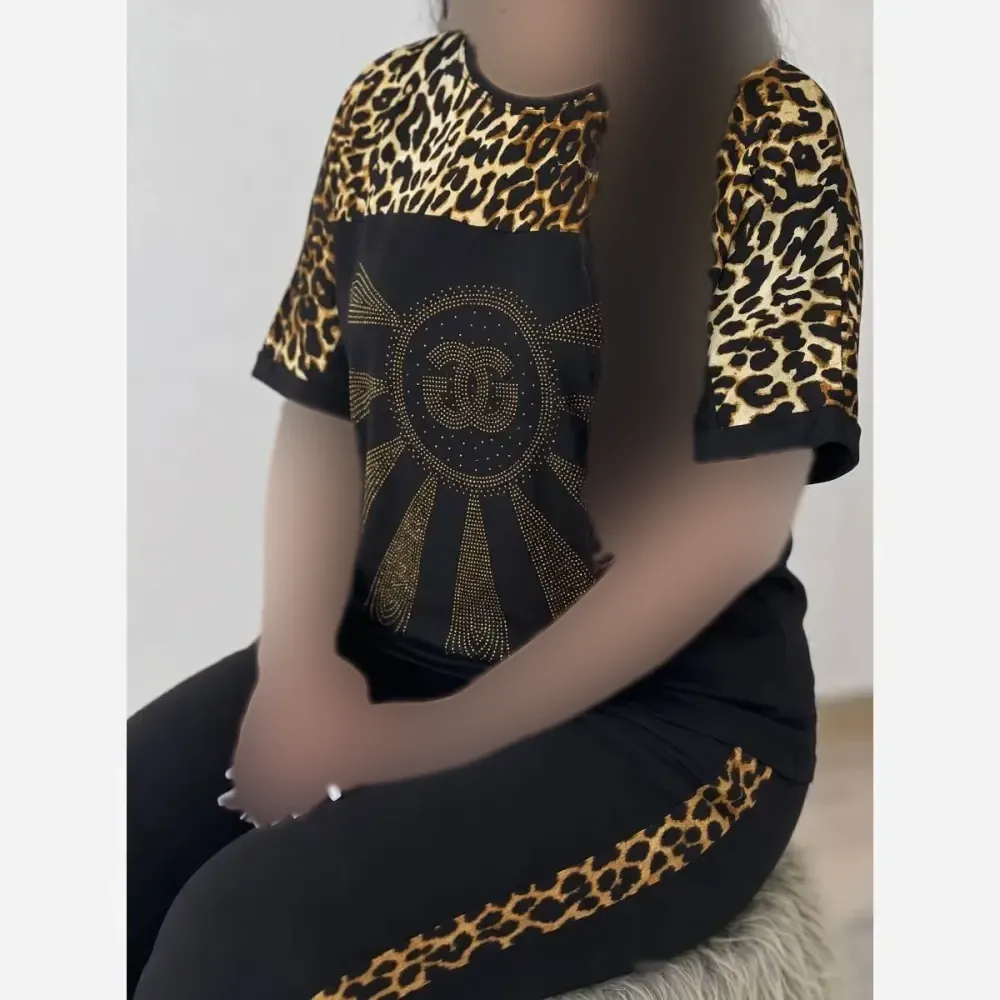 ست تیشرت و شلوار نگین دار D&G ویسکوز الیزه فول کش فری سایز