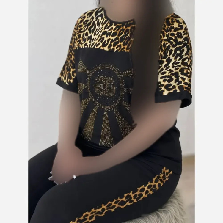 ست تیشرت و شلوار نگین دار D&G ویسکوز الیزه فول کش فری سایز