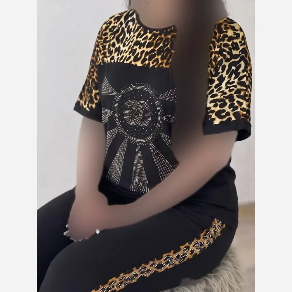 ست تیشرت و شلوار نگین دار D&G ویسکوز الیزه فول کش فری سایز
