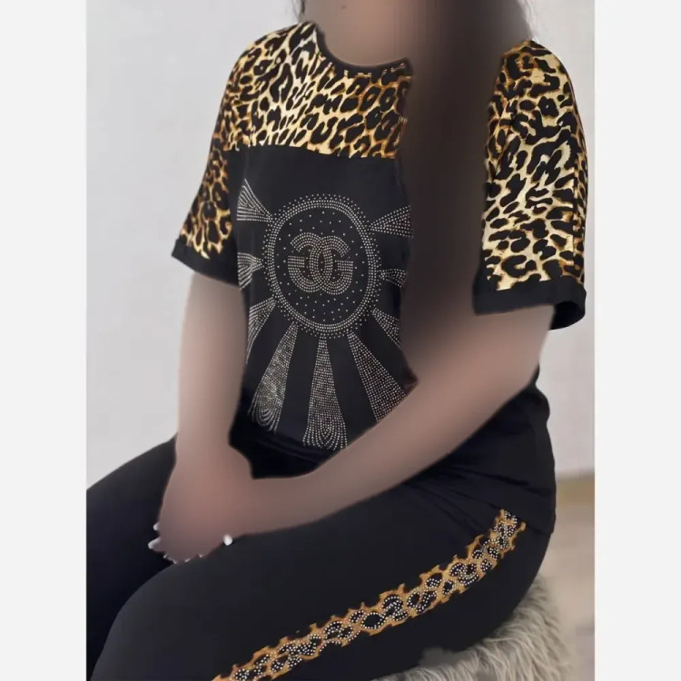 ست تیشرت و شلوار نگین دار D&G ویسکوز الیزه فول کش فری سایز