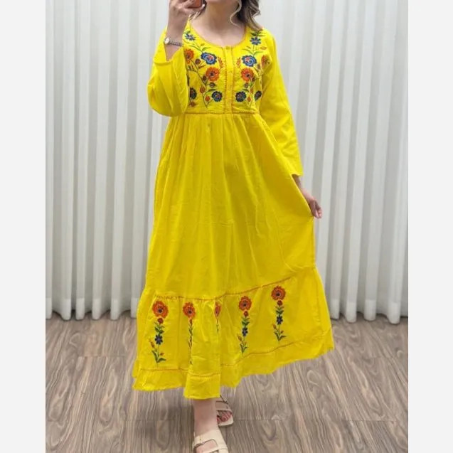 پیراهن گلدوزی هندی بلند نخی واردتی فری سایز