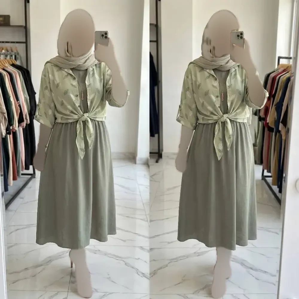 ست شومیز گره ای و سارافون شایلی جنس شانتون فری سایز