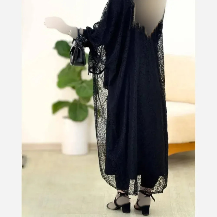 ست دانتل سرمه زیره کرپ بوگاتی رویه گیپور رنگ مشکی سایز فری 38 تا 46