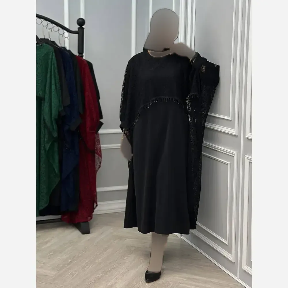 ست دانتل سرمه زیره کرپ بوگاتی رویه گیپور رنگ مشکی سایز فری 38 تا 46