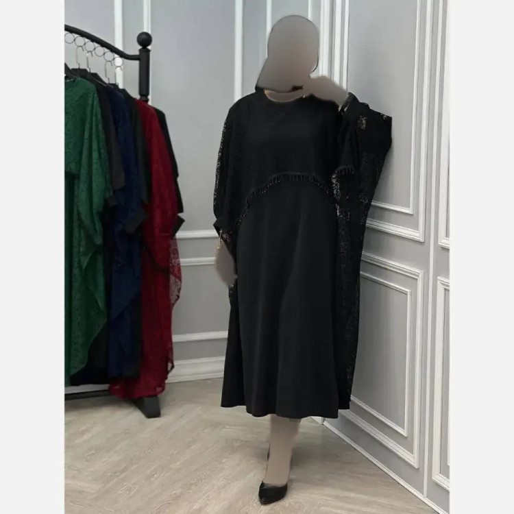 ست دانتل سرمه زیره کرپ بوگاتی رویه گیپور رنگ مشکی سایز فری 38 تا 46