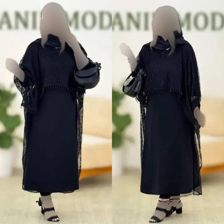 ست دانتل سرمه زیره کرپ بوگاتی رویه گیپور رنگ مشکی سایز فری 38 تا 46