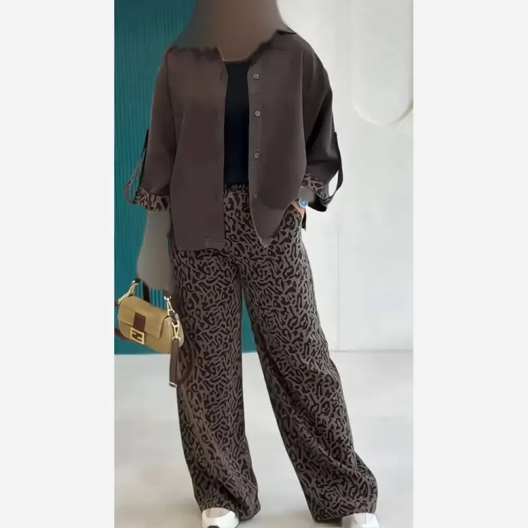 ست شومیز لینن و شلوار کتان سیلک پلنگی سایز 38 تا 46