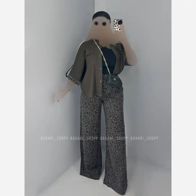 ست شومیز لینن و شلوار کتان سیلک پلنگی سایز 38 تا 46