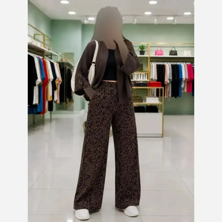 ست شومیز لینن و شلوار کتان سیلک پلنگی سایز 38 تا 46