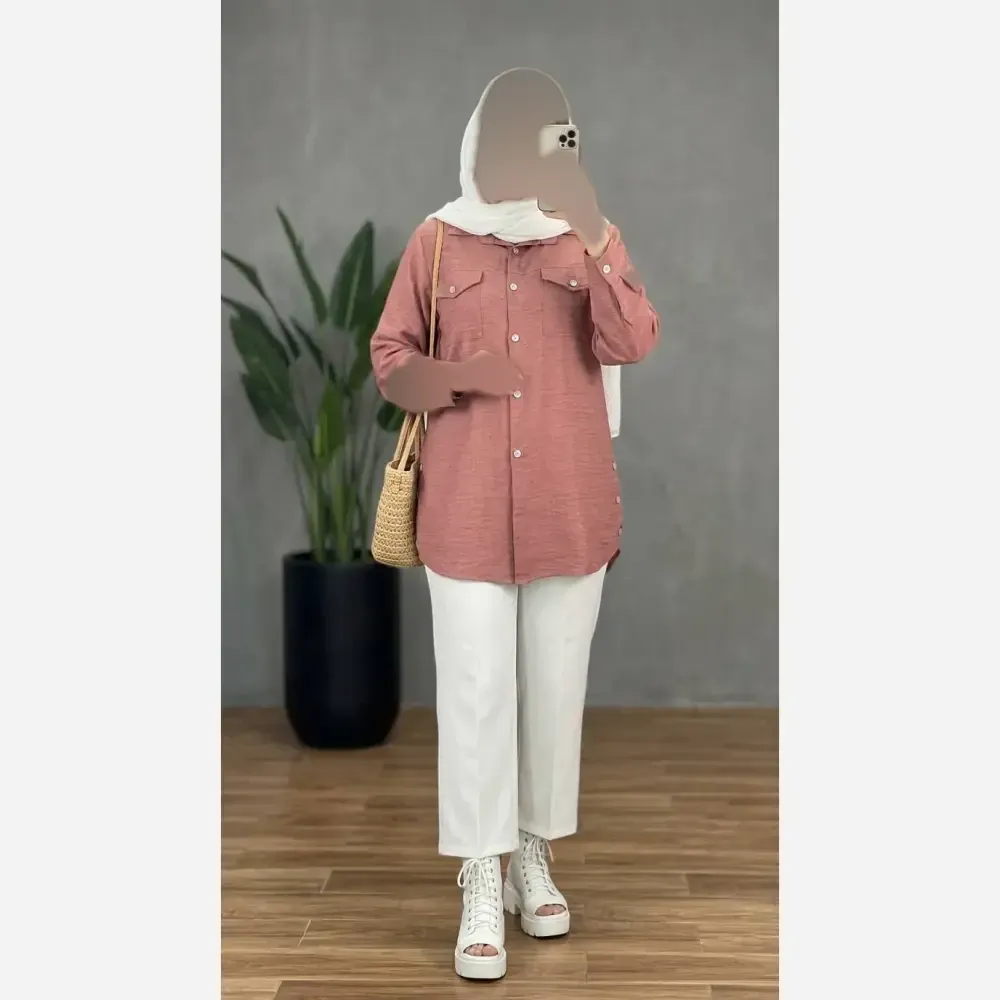 شومیز زنانه بغل دکمه آستین ساده جنس صوفیا شانتون درجه یک فری سایز