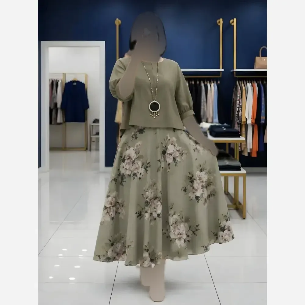ست شومیز دامن لینن و کنفی گلدیس فری سایز تا 48