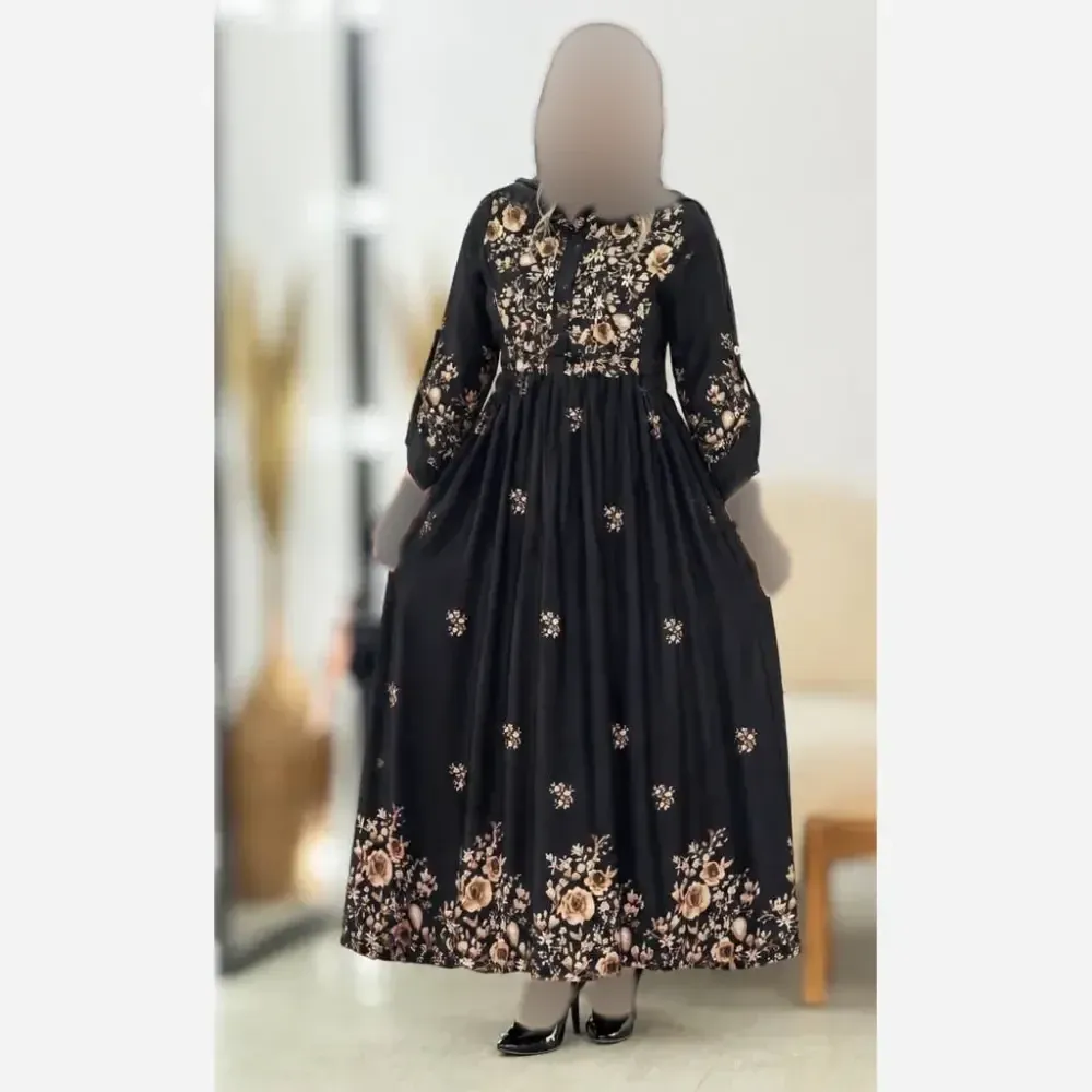 پیراهن زنانه بوگاتی مدل زنبق رنگ گل طلایی و گل صورتی فری سایز