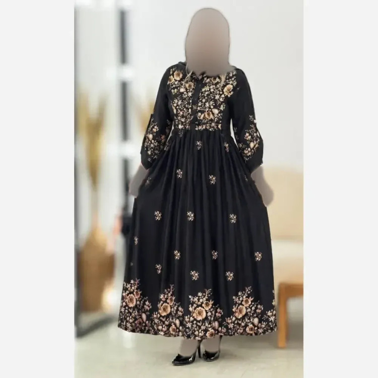 پیراهن زنانه بوگاتی مدل زنبق رنگ گل طلایی و گل صورتی فری سایز