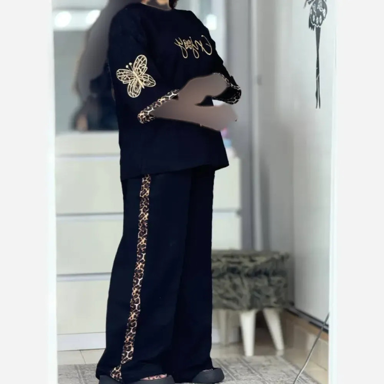 ست تیشرت و شلوار زنانه جنس پنبه گلکسی رنگ مشکی سایز فری 38 تا 46