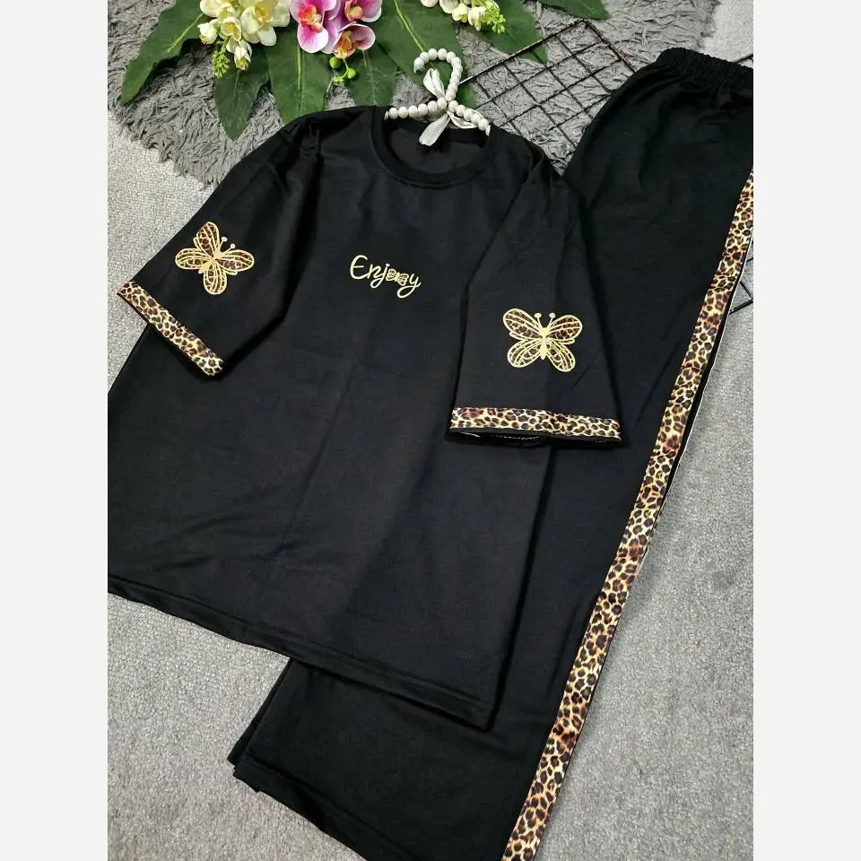ست تیشرت و شلوار زنانه جنس پنبه گلکسی رنگ مشکی سایز فری 38 تا 46