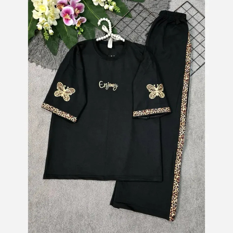 ست تیشرت و شلوار زنانه جنس پنبه گلکسی رنگ مشکی سایز فری 38 تا 46