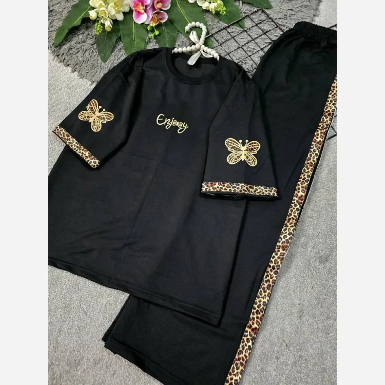 ست تیشرت و شلوار زنانه جنس پنبه گلکسی رنگ مشکی سایز فری 38 تا 46