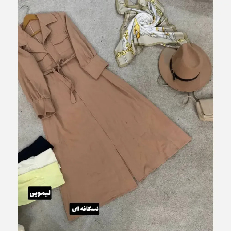 مانتو بلند زنانه جنس آیوا کمربند دار و جیب دار سایز فری تا 48