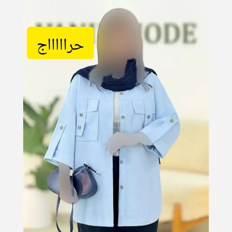 شومیز لنین کتان نیلی جیب طرح صلیبی فری سایز 38 تا 50