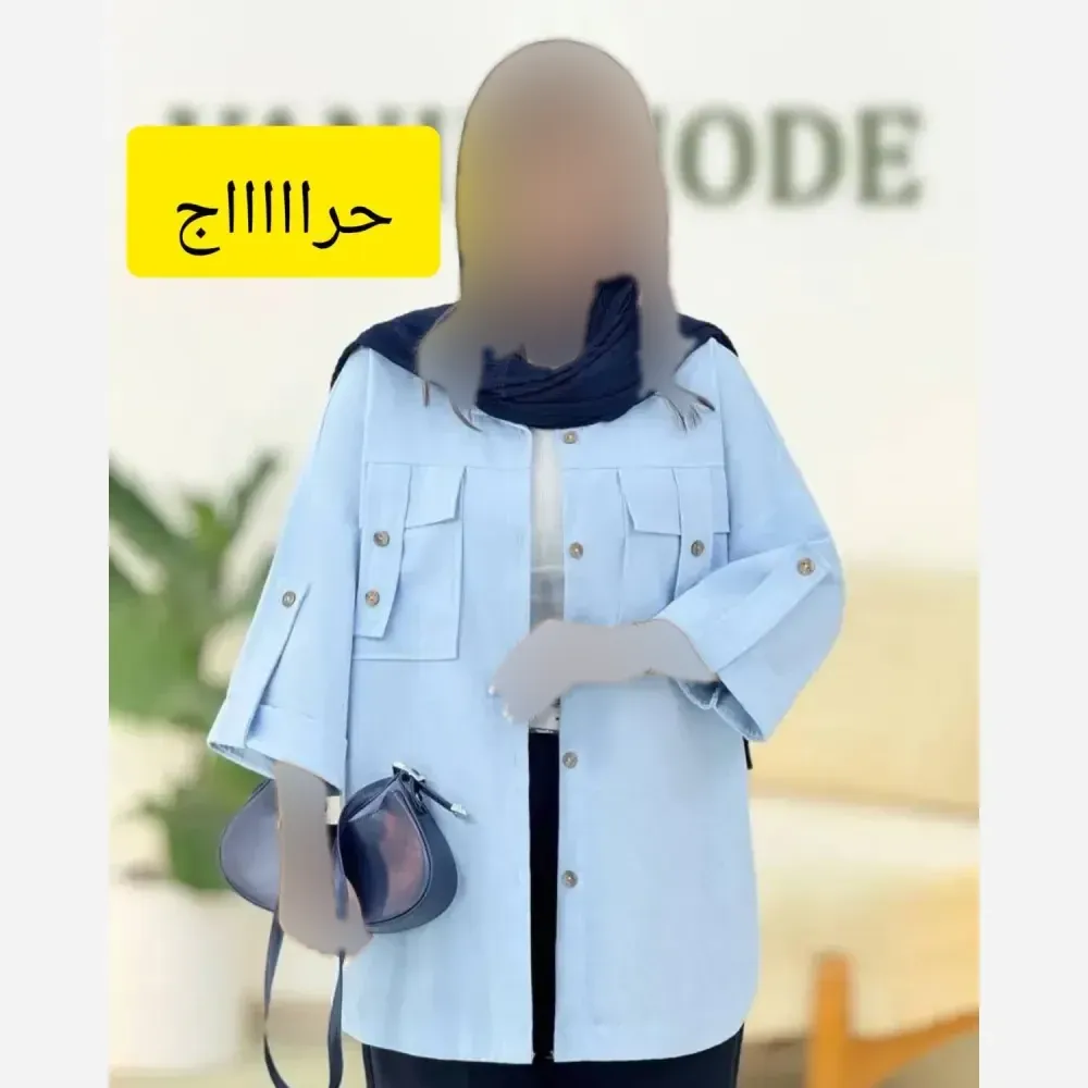 شومیز لنین کتان نیلی جیب طرح صلیبی فری سایز 38 تا 50