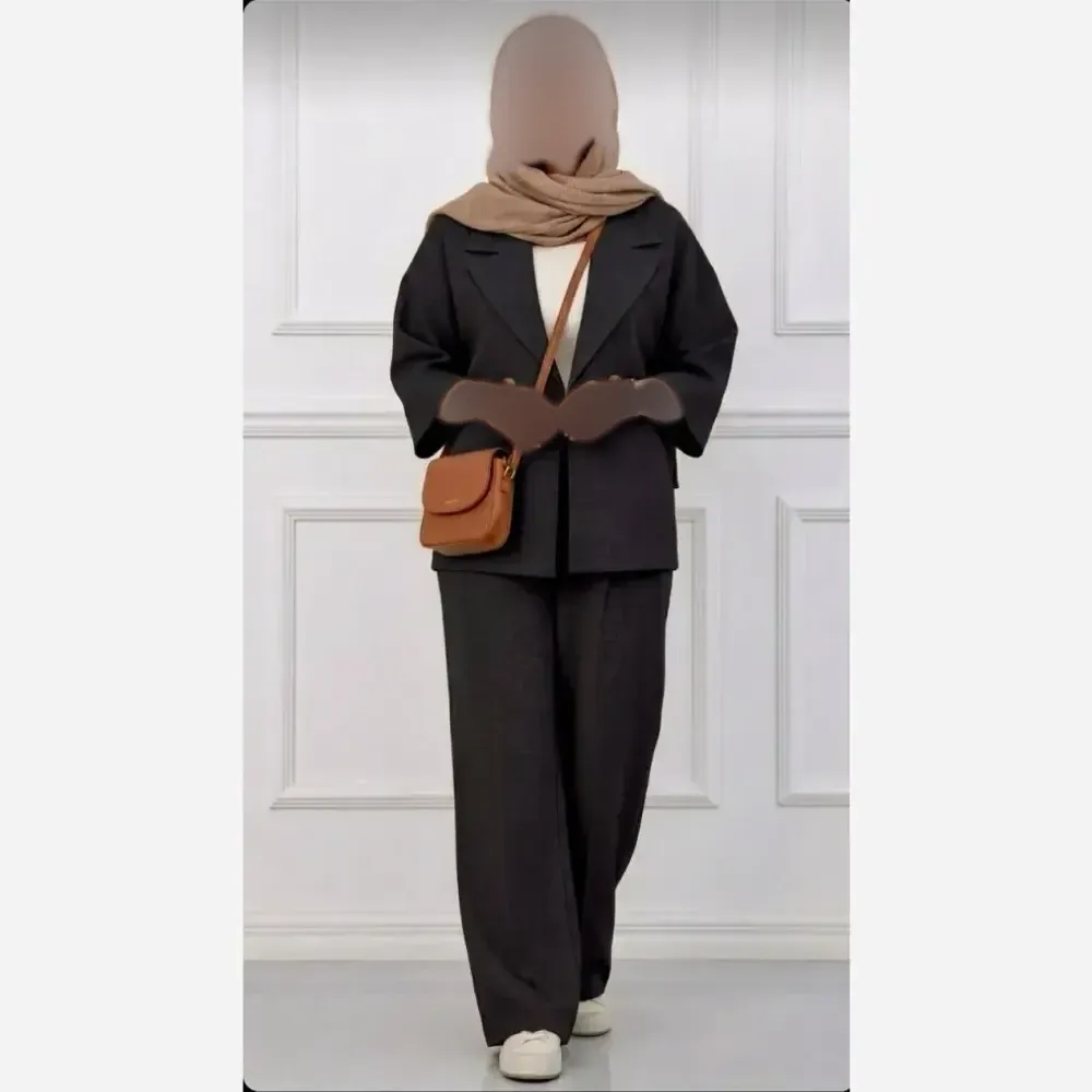 کت شلوار زنانه ایسان شانتون درجه یک یقه ضربدری آستین پفی