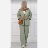 کت شلوار زنانه ایسان شانتون درجه یک یقه ضربدری آستین پفی