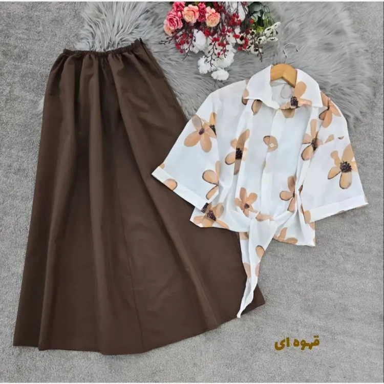 ست شومیز گره و دامن لنینت فری سایز رنگ بندی متنوع