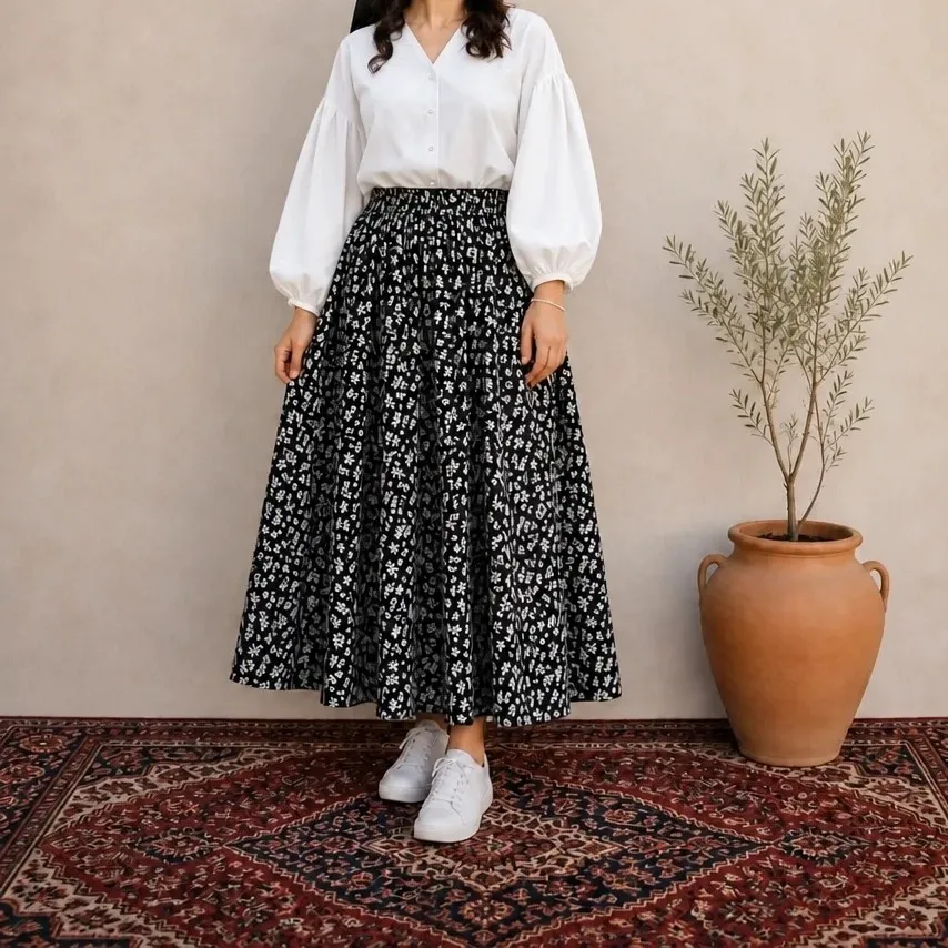 ست شومیز و دامن زنانه پری بانو جنس مازراتی و الیزه رنگ مشکی و سفید سایز 1 و 2