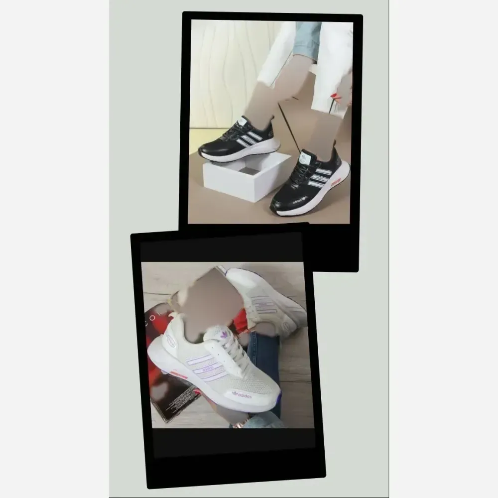 کتونی سه خط آدیداس بافتی پختی زنانه رنگ مشکی سفید و سفید یاسی سایز 37 تا 40