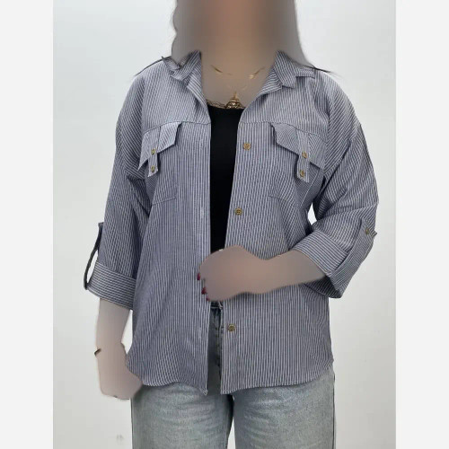 شومیز مانتویی راه راه دیپلمات درجه یک رنگ طوسی روشن و تیره سایز فری مناسب 38 تا 46