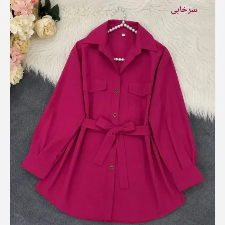 مانتو داکرون اعلا کمربند دار جیب کاربردی رنگ آبی و سرخابی سایز 38 تا 42