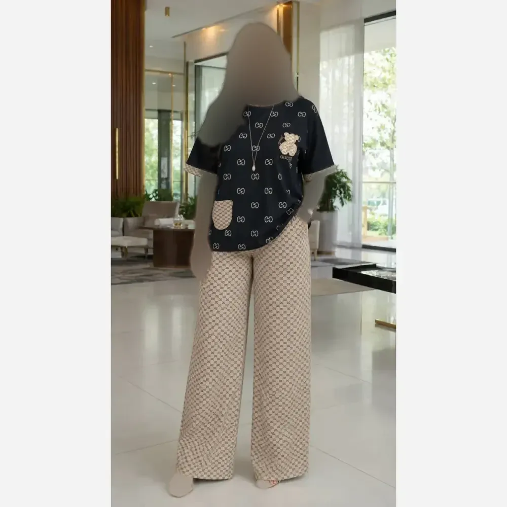 ست تیشرت شلوار گوچی خرسی جنس گلکسی نخ پنبه سایز فری 38 تا 48