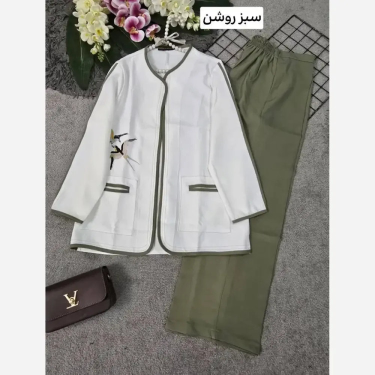 کت شلوار زنانه مدل پرستو پارچه مازراتی گلدوزی شده بگ فری سایز