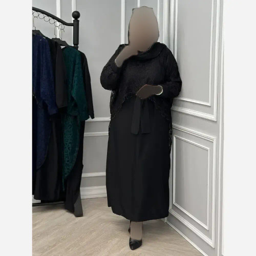دوتیکه مجلسی رویال سارافن بوگاتی و رویه دانتل رنگ مشکی سایز فری 38 تا 48
