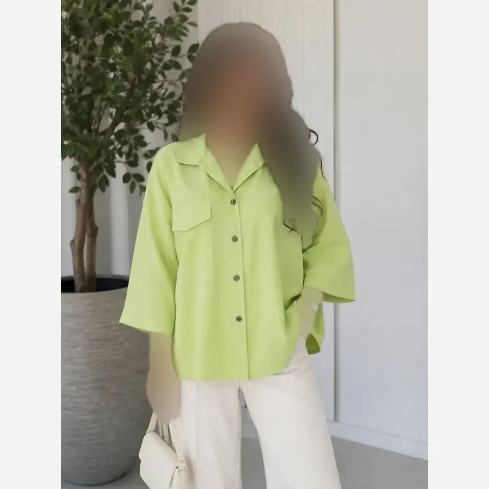شومیز باکسی لینن درجه یک زنانه رنگ مشکی و سبز پسته ای فری سایز