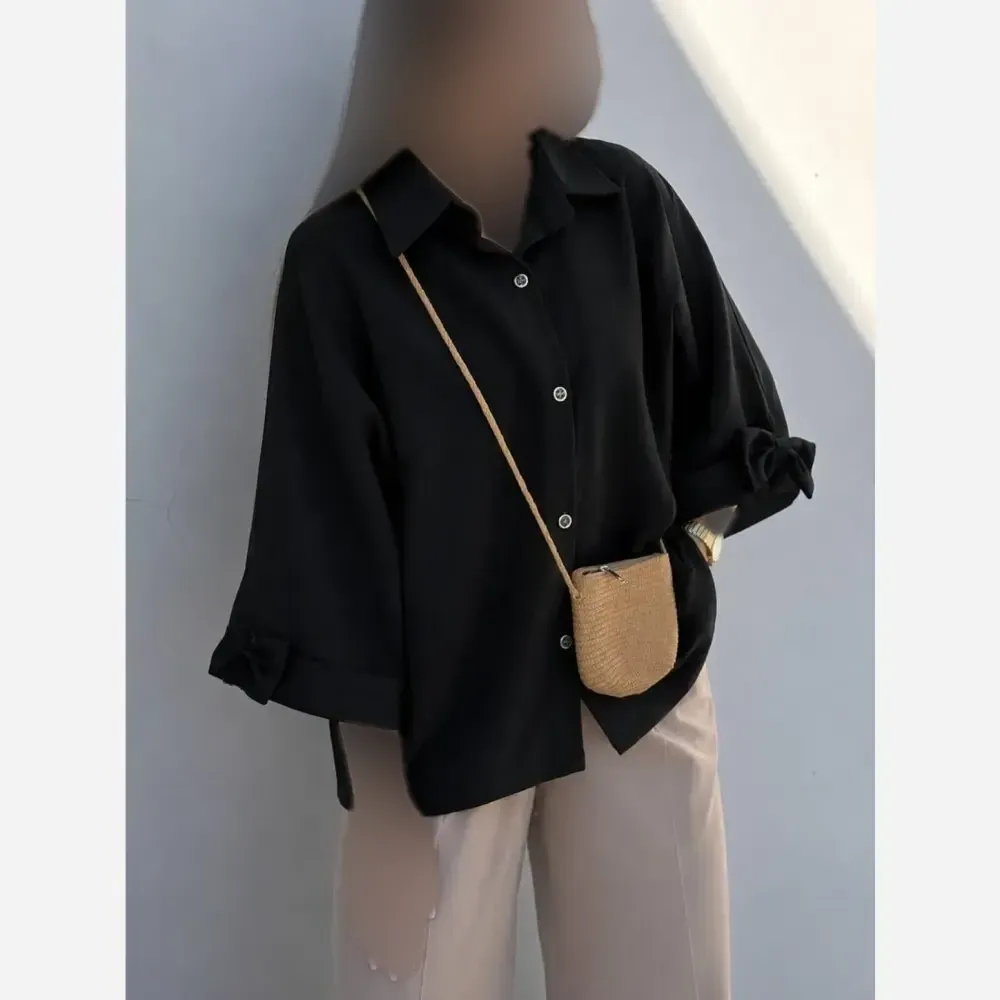 شومیز باکسی لینن درجه یک زنانه سایز فری تا 48 رنگ مشکی و سبز پسته ای