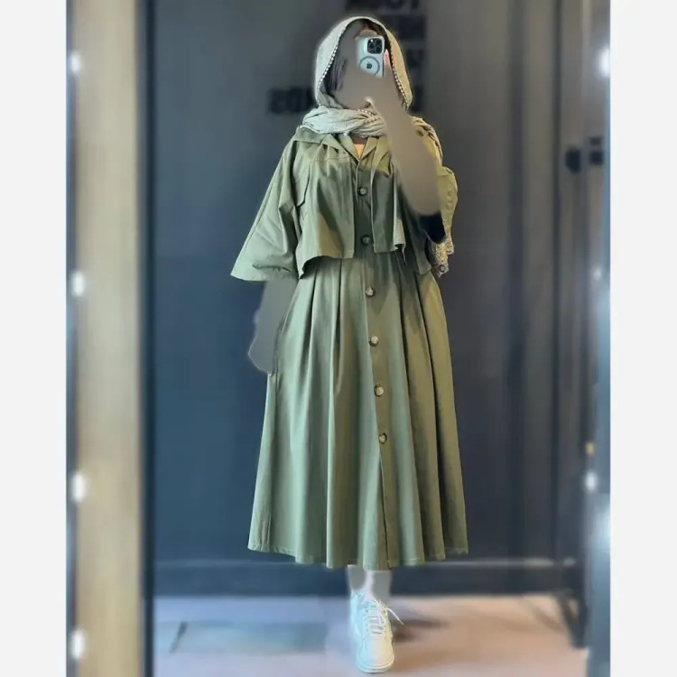 ست کت و سارافون زنانه لینن مدل هلند نسکافه ای سبز تیره سبز سدری