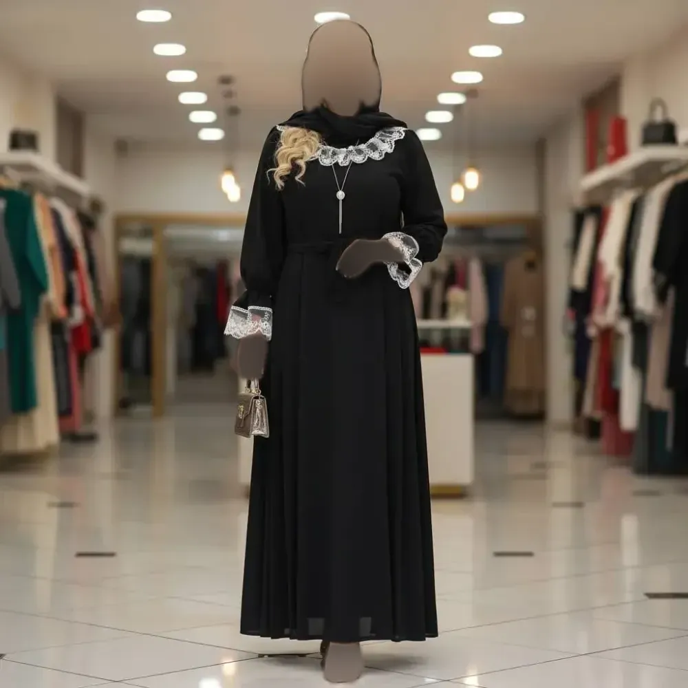 پیراهن عبایی محبوبه جنس الیزه فری سایز رنگ مشکی گیپور مشکی و سفید