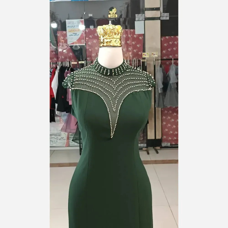 پیراهن زنانه مروارید جنس کرپ دالقیچ قد 150 با کمربند رنگ مشکی و سبز