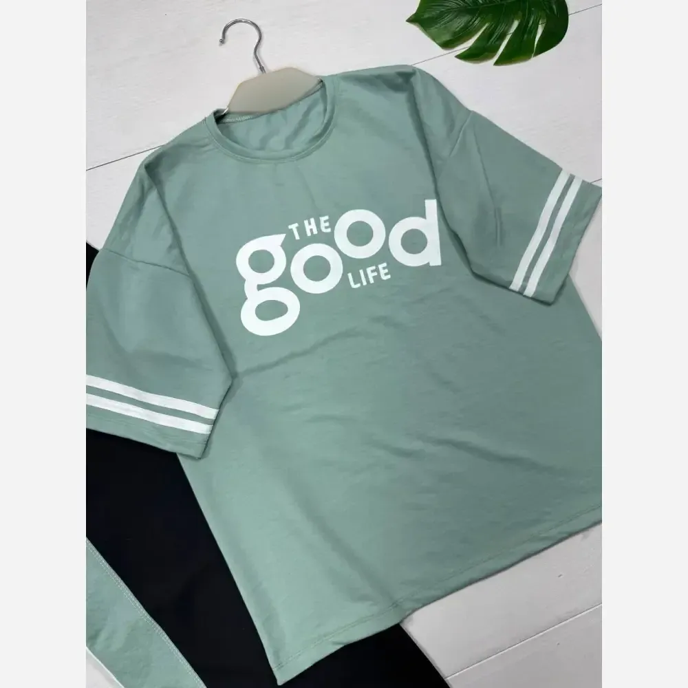 ست تیشرت و شلوار پنبه گلکسی زنانه مدل good سایز فری 38 تا 46