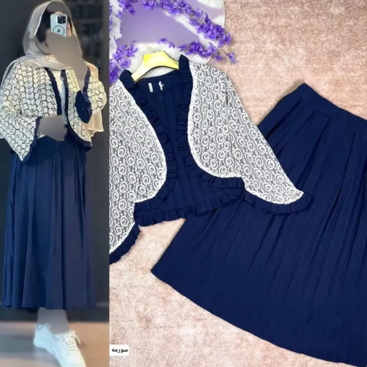 کت دامن چین چیلا جنس کراش آیوا و گیپور رنگ یشمی سورمه ای مشکی