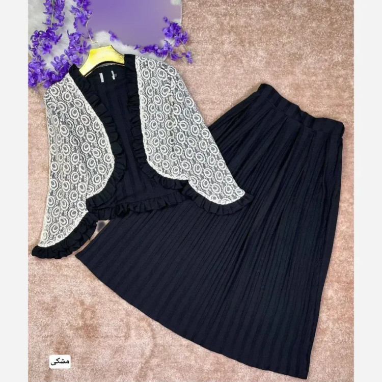 کت دامن چین چیلا جنس کراش آیوا و گیپور رنگ یشمی سورمه ای مشکی