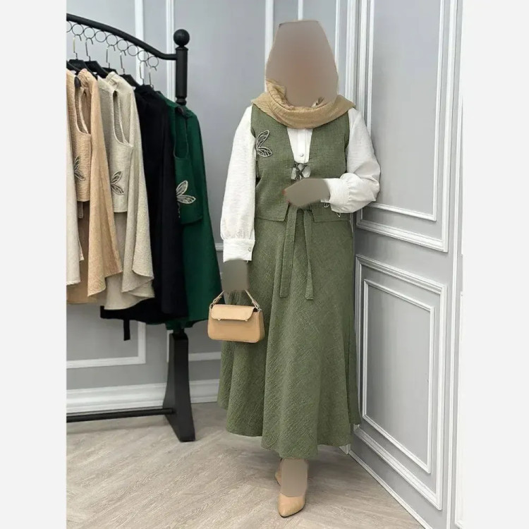 ست سه تیکه شومیز داکرون و جلیقه و دامن شانتون مدل سنجاقک فری سایز