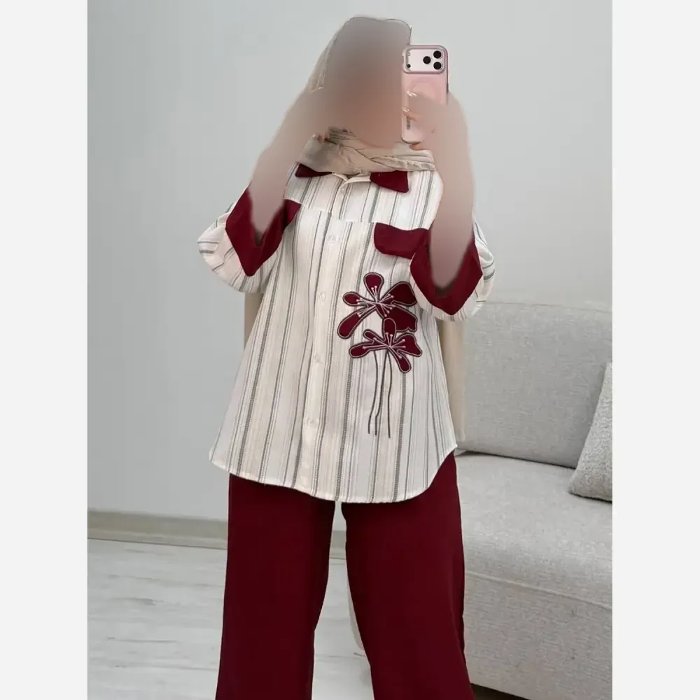 شومیز شلوار لنین بیسکویتی و شانتون مدل نوگل فری سایز