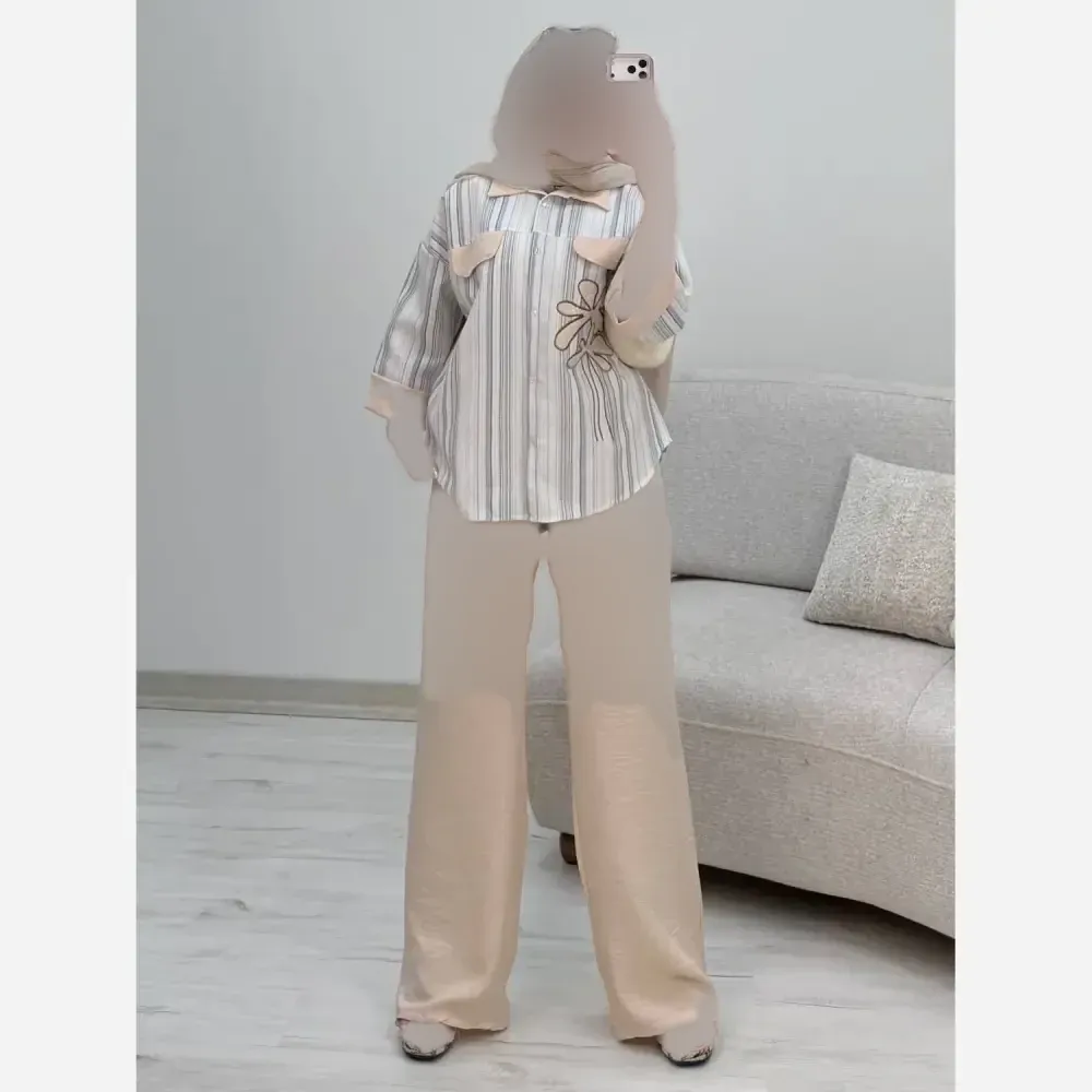 شومیز شلوار لنین بیسکویتی و شانتون مدل نوگل فری سایز
