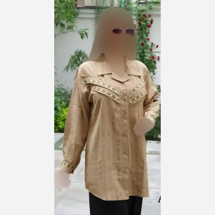شومیز زنانه لنین ژاکارد گلدوزی شده رنگ کرم سایز 38 تا 48