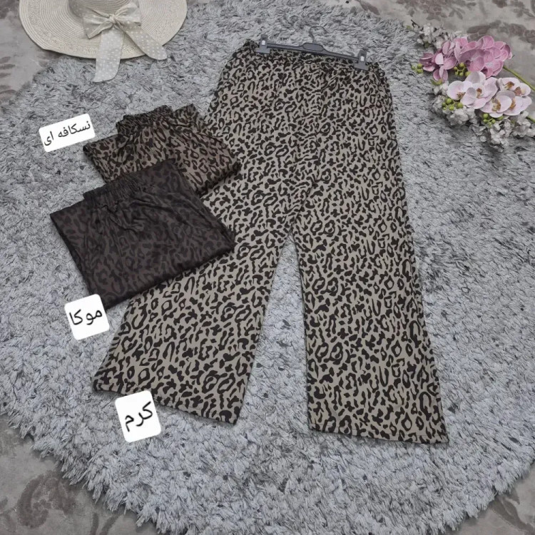 شلوار سیلک پلنگی زنانه با کیفیت سایز 38 تا 48 رنگ کرم نسکافه ای موکا