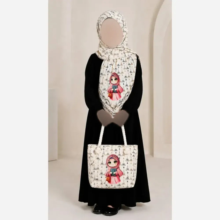 ست کیف و روسری بچگانه نخی دور دوخت با کیف مخمل ضخیم چاپی